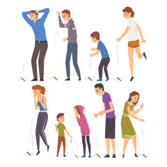 Fototapeta premium People Dropping Their Smartphones Set, Sad Men, Women and Children with Broken Phones Cartoon Style Vector Illustration on White Background