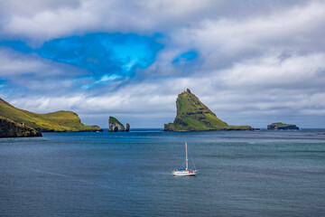 Drangarnir gate, Tindholmur and sailing ship in the fjord © F.C.G.