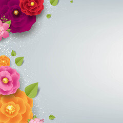 Spring Border With Color Flowers Grey Background With Gradient Mesh, Vector Illustration
