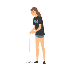 Sad Young Woman in Shorts and Black T-shirt Dropping Her Smartphone Cartoon Style Vector Illustration