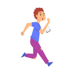 Fototapeta na wymiar Boy Running and Dropping His Smartphone Cartoon Style Vector Illustration on White Background