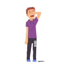 Obraz premium Upset Crying Boy with Broken Phone Cartoon Style Vector Illustration on White Background