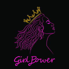 Pink Silhouette of a beautiful girl with curly hair and a golden crown with the text saying 