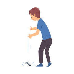 Boy Dropping His Smartphone, Sad Child with Broken Phone Cartoon Style Vector Illustration on White Background