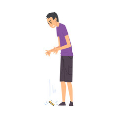 Fototapeta premium Young Man Dropping His Smartphone Down, Sad Person with Broken Phone Cartoon Style Vector Illustration on White Background