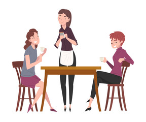 Two Girls Sitting at Table in Coffee Shop and Waitress Serving Them, People Drinking Coffee and Relaxing at Coffeehouse or Cafe Vector Illustration