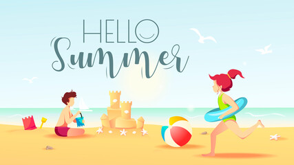 Hello Summer card design with girl running with rubber ring and boy building a sand castle. Vector Illustration for Beach Holidays, Summer vacation, Leisure, Recreation, Nature, Childhood.