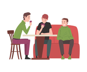 Male Friends Sitting at Table in Cafe and Relaxing, People Drinking Coffee and Relaxing at Coffeehouse or Coffee Shop Vector Illustration