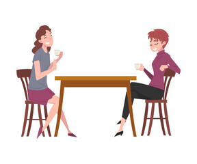 Two Girls Sitting at Table in Cafe, People Drinking Coffee and Relaxing at Coffeehouse or Coffee Shop Vector Illustration