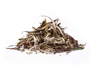 Heap of Bai Mu Dan (White Peony) chinese white tea isolated on a white background.