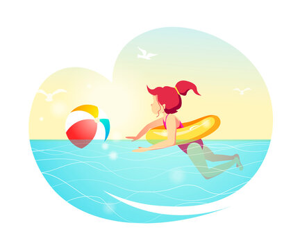 Girl swimming in the sea with rubber ring and ball. Isolated vector Illustration for Beach Holidays, Summer vacation, Leisure, Recreation, Nature, Childhood.