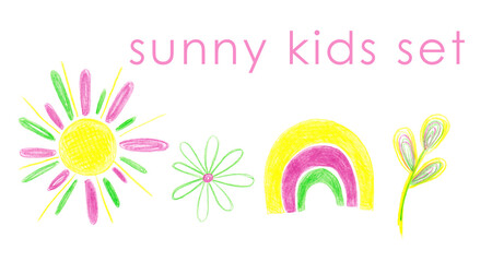Hand drawn sunny kids set with sun, flowers, rainbow isolated on white background for cute postcard, invitations, greeting cards, business card, for the design of a children`s room