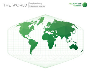 Vector map of the world. Baker Dinomic projection of the world. Yellow Green colored polygons. Awesome vector illustration.
