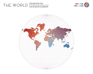 Abstract geometric world map. Van der Grinten III projection of the world. Red Blue colored polygons. Energetic vector illustration.