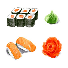 Set of sushi and rolls with salmon. hand drawn illustration islated on white background. Vector - 359869672