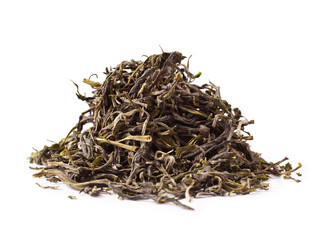 Heap of Huangshan Maofeng (Yellow Mountain Fur Peak) green chinese famous tea isolated on a white background.