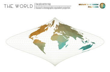 Polygonal map of the world. Foucaut's stereographic equivalent projection of the world. Brown Blue Green colored polygons. Amazing vector illustration.