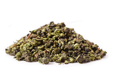 Heap of Tieguanyin chinese Oolong tea isolated on a white background