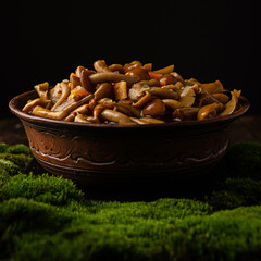 A large clay bowl with wild mushrooms (honey mushrooms), stands on an old wooden table with green moss. Eco products, natural gathering