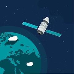 Satellite ship in orbit of outer space earth planet vector illustration flat cartoon, station flying around world in cosmos or universe closeup © vladwel