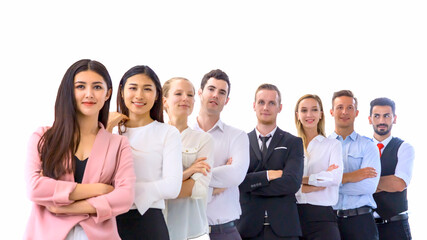 group of business people standing with arm cross against white background.