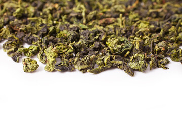 Frame of Tieguanyin chinese Oolong tea on a white background
