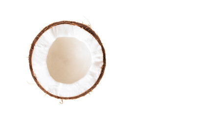 one half coconut on a white background. view from above.