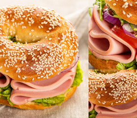 collage of fresh delicious bagel with sausage and vegetables