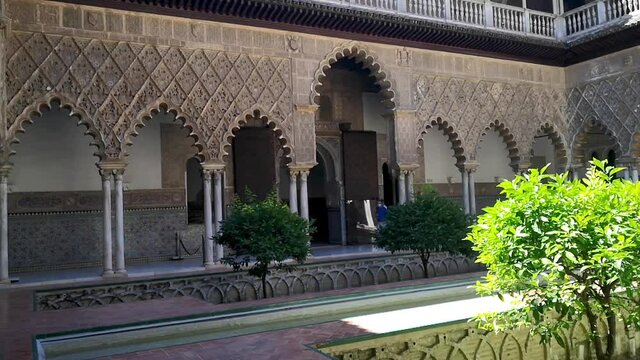 Patio de las Doncellas courtyard. View of Royal Alcazars of Seville. Spain