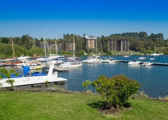 PUCON, CHILE - SEPTEMBER, 23, 2018: Pucon town in central Chile on a blue skies sunny day