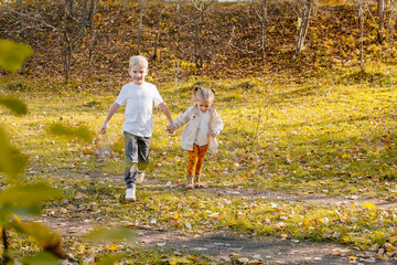 Fototapeta premium Brother and sister are walking in nature. Autumn photo of children. Little girl and boy together among yellow autumn foliage and grass. High quality photo