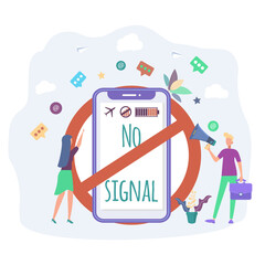 There is no signal on the smartphone. The concept of a ban on the use of mobile communications, smartphones and computers. No mobile connection. Colorful vector illustration.
