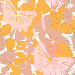 Floral botanical vector seamless pattern with hand drawn agrimony herb flowers , tropical  leaves and ferns in pastel colors.  Abstract botanical motif with stylized hostas or hydrangea leaves.