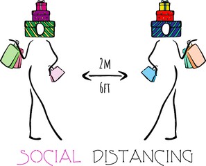 People maintain social distance in department stores. Please bring your shopping. Hand drawn lines. vector.	