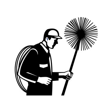 Chimney Sweeper Holding a Sweep or Broom and Rope Side View Retro Black and White