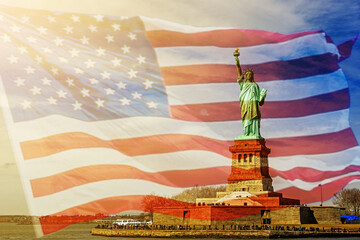 Double exposure with the American flag and The Statue of Liberty. Background for independence day - 4th of July.
