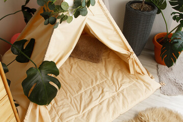 interior of a children's room or recreation area: a wigwam with soft pillows, a wooden nightstand made of environmentally friendly materials. plastic plants to decorate the space © skeronov