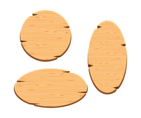 round wooden sign and oval isolated on white background, set of wood panel frame cartoon style, collection wood plank brown, empty wooden signpost for copy space message text