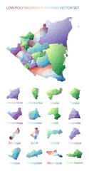 Nicaraguan low poly regions. Polygonal map of Nicaragua with regions. Geometric maps for your design. Creative vector illustration.