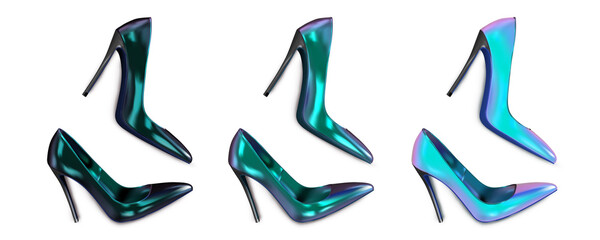 Set of a pair of shiny patent leather women's shoes lying on the surface. Pumps of beautiful iridescent lilac color. Dark and light. Vector 3d realistic illustration isolated on white background.