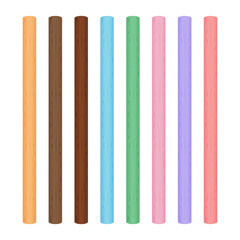 Fototapeta premium wooden vertical cylinder lath different pastel soft colors isolated on white, wooden slat poles pastel, lath wood cylindrical, wood slat posts, set slats plank, lumber wood pastel, beautiful wooden