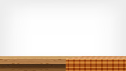 wood plank and brown tablecloth front view for copy space, empty table top and tablecloth, brown checkered cloth on wood plank for background, tablecloth on tabletop, fabric on wooden table grey wall