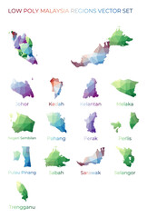 Malaysian low poly regions. Polygonal map of Malaysia with regions. Geometric maps for your design. Beautiful vector illustration.