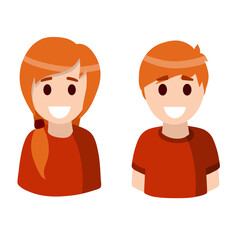 Young man and woman in red clothes. Teenage students. Avatar of boy and girl for social network. Smiling face with ginger hair. Happy people. Flat cartoon