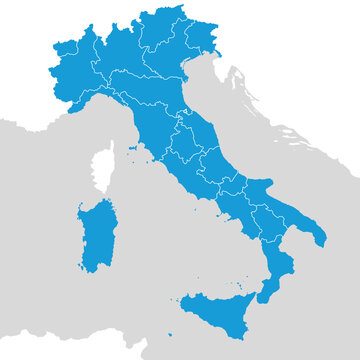 The detailed vector map of the Italy with regions, islands and parts of neighboring countries.