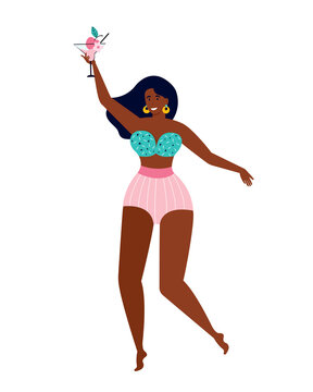 Happy black woman in a swimsuit drinks a fruit cocktail. Summer pool party. Funny female character is relaxing by the sea. Girl with an alcoholic drink. Hand drawn vector illustration. Summer holiday.