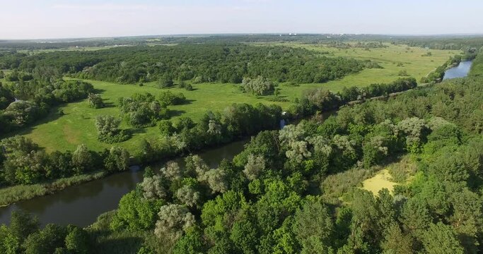 Aerial view to summer forest and river bend of Seversky Donets