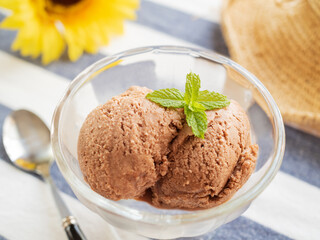 ミントの葉を添えたチョコレートアイスクリーム