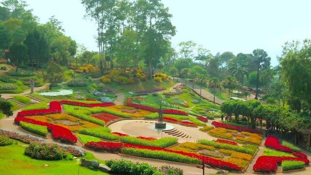 The stellar shaped central flower bed of perennial garden of Mae Fah Luang, Doi Tung, Thailand