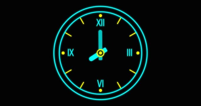 Animation of appearance, rotation of roman neon clock from 8 a.m. to 6 p.m and disappearance
